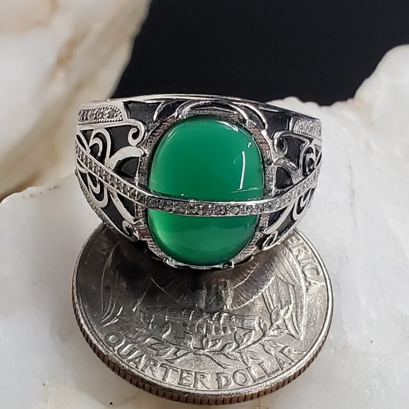 Men's Unique Jewelry Natural Green Chalcedony Sterling Silver 925 Ring - Picture 7 of 8